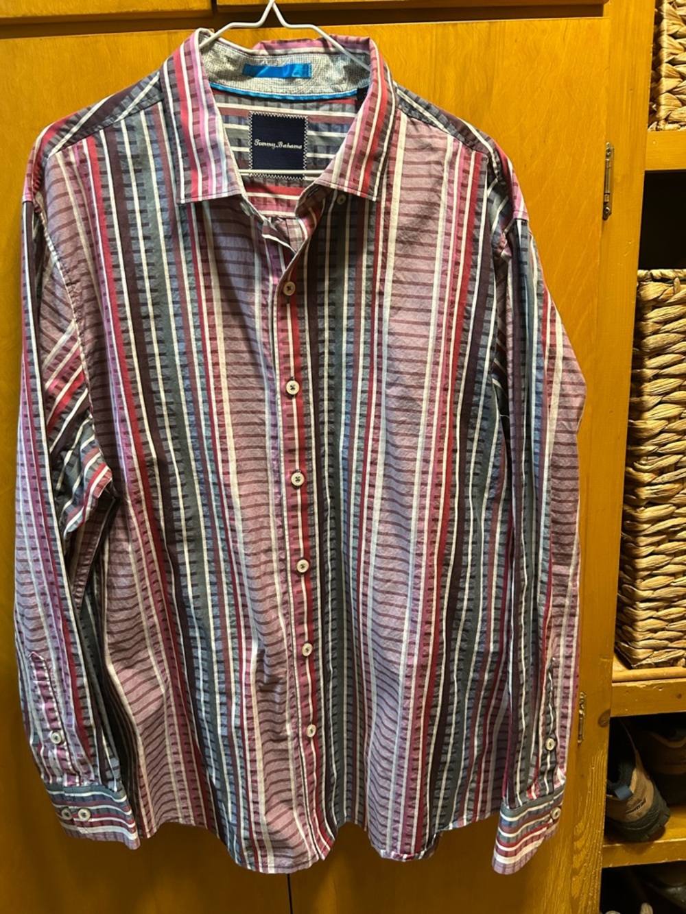 Tommy Bahama “Silva Stripe” Purple, Red, and Blue Button-Down  Casual Shirt.